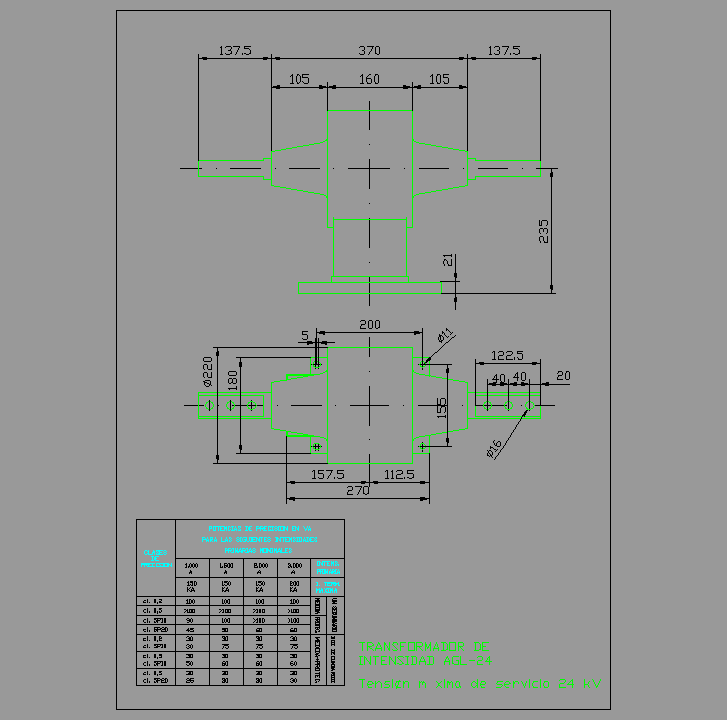 Bloque Autocad Transformador de intensidad AGL-24, servicio interior tipo pasamuro, 24KV.
